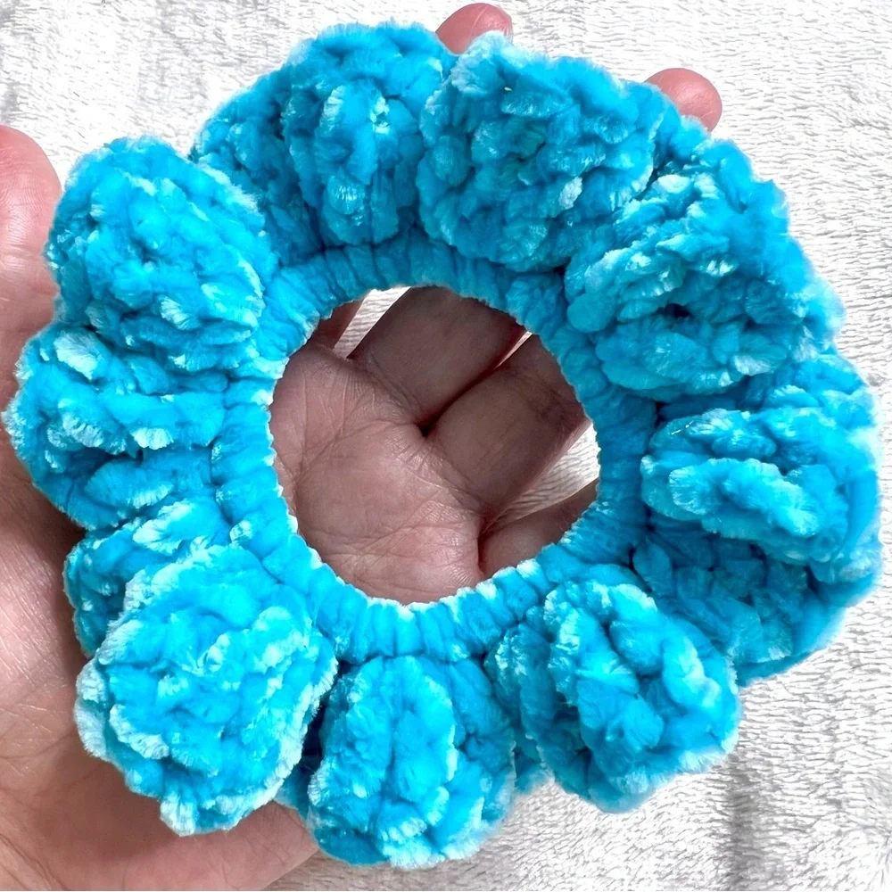 Handmade Crochet VELVET Ice Blue Large Hair Scrunchie Ice Princess PinkRainCloud